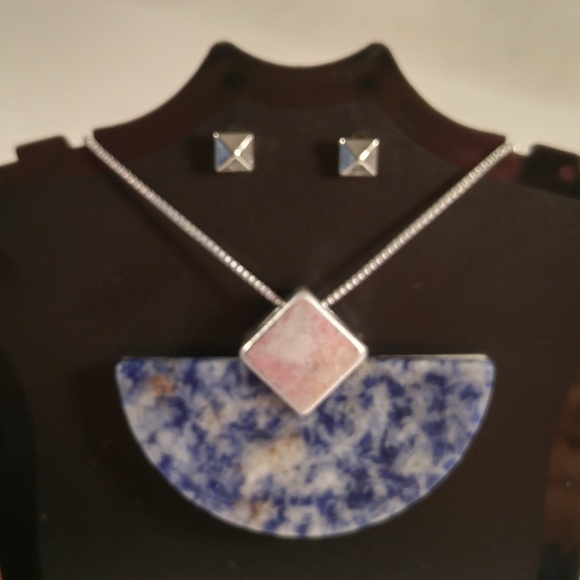 Necklace earring set silver blue stone half circle - Picture 1 of 4